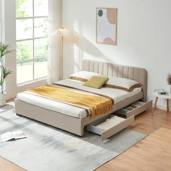 En.casa Polsterbett, »Nofrenna« Mit 4 Schubladen 140 X 200 Cm Leinen Beige thumbnail