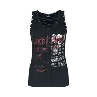 Rock Rebel By Emp Damen Schwarzes Top Mit Rockigem Print Und Schnürung Xxl