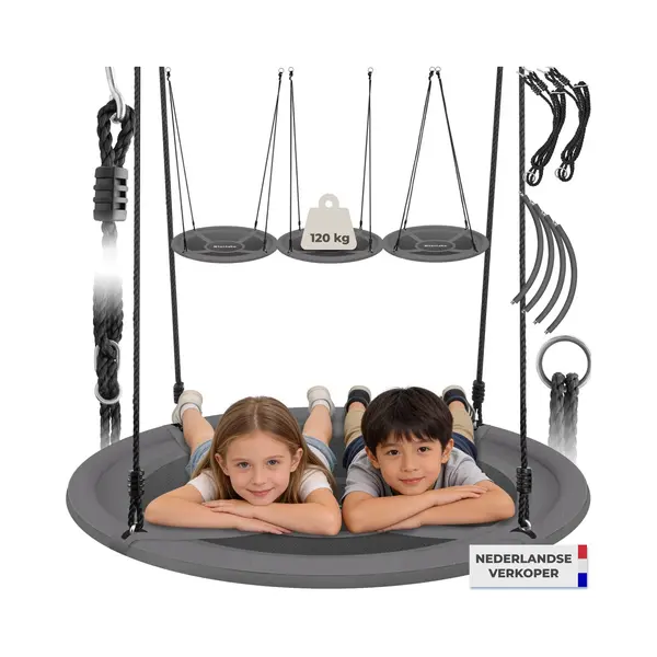 Tectake® Large Nest Swing With Water-Repellent Textilene Cover, Height-Adjustable Ropes, 120kg Capacity, Padded Edge & Easy Maintenance - Round thumbnail