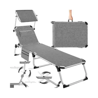 Tectake® Folding Sun Lounger - Adjustable 6-Position Backrest, Sun Canopy & Headrest, Rust-Free Aluminium Frame With Side Pocket, Weather- &