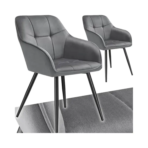 Tectake® Gestoffeerde Stoel - 2 Eetkamerstoelen - Fluwelen Look - Gewatteerd Patroon - Gestoffeerd - Set Van 2 - Grijs/zwart thumbnail