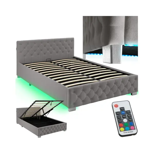 Tectake Polsterbett Komfortbett Mit Led-Leisten & Stauraum - Samtoptik Mit Steppmuster (Bettset, In Dunkelgrau), Stabiler Stahlrahmen, Belastbarkeit thumbnail