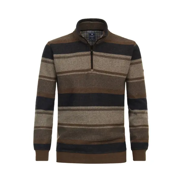 Redmond Casual Half-Zip Sweater Bruin, Gestreept thumbnail