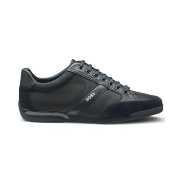 Boss Mens Saturn Lowp Mixed-Material Trainers With Suede And Faux Leather Size 12 Dark Blue thumbnail