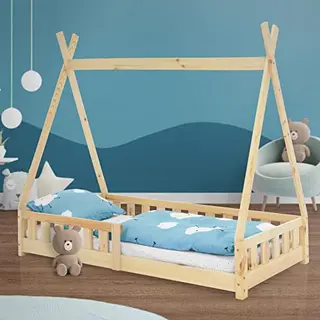 Ml-design - Kinderbett Tipi 80x160 Cm Natur Mit Rausfallschutz Und Lattenrost, Aus Kiefernholz, Indianer Bett Für Mädchen & Jungen, Hausbett Mit