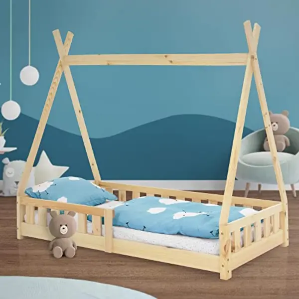 Ml-design - Kinderbett Tipi 80x160 Cm Natur Mit Rausfallschutz Und Lattenrost, Aus Kiefernholz, Indianer Bett Für Mädchen & Jungen, Hausbett Mit thumbnail