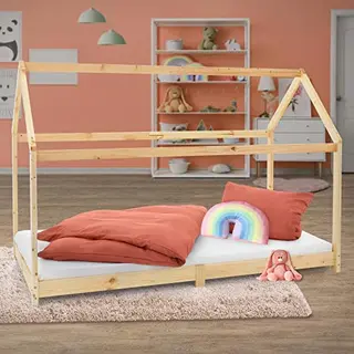 Ml-Design Kinderbett 90 X 200 Cm Mit Dach Und Lattenrost, Natur, Hausbett Für Mädchen Und Jungen, Kinderhaus Aus Massivem Kiefernholz, Bodenbett Jugendbett,