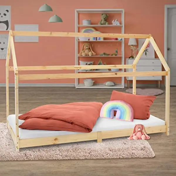 Ml-Design Kinderbett 90 X 200 Cm Mit Dach Und Lattenrost, Natur, Hausbett Für Mädchen Und Jungen, Kinderhaus Aus Massivem Kiefernholz, Bodenbett Jugendbett, thumbnail