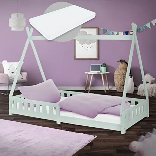 Ml-Design Spielbett Hausbett Tipi Zeltbett Inkl. Lattenrost Bodenbett Kinder Himmelbett, Abenteuerbett Mit Rausfallschutz Zelt Bett Kiefer Mint thumbnail