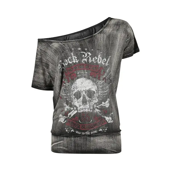 Rock Rebel By Emp Dark Grey T-shirt With Wide Neckline And Print T-Shirt Dark Grey thumbnail