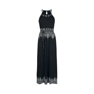 Gothicana By Emp Black Maxi Dress With Prints And Narrow Tie-Belt Maxi Dress Black