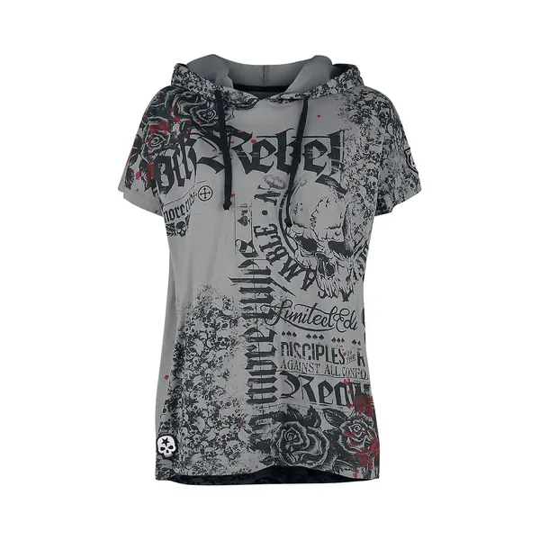 Rock Rebel By Emp Relaxed-Cut T-shirt With Prints And Hood T-Shirt Grey thumbnail
