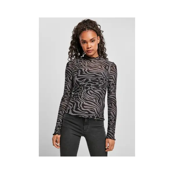 Urban Classics Damen T-Shirt Ladies Aop Mesh Turtleneck Longsleeve Asphalt/Black Xxl thumbnail