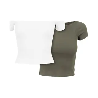 Urban Classics Damen Ladies Off Shoulder Rib Tee 2-Pack T-Shirt, White+Olive, L Eu