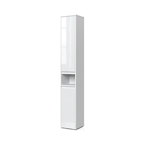 Vicco Bathroom Cabinet Majest, White High Gloss, 30.2 X 191.5 Cm With Doors And Open Compartment, With Six Adjustable Shelves For Storage thumbnail