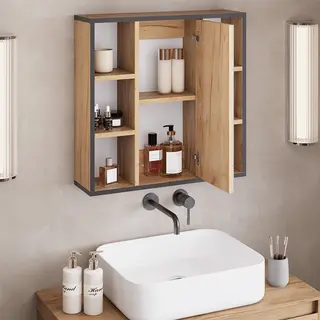 Vicco Stephan Badkamerspiegelkast – 60 X 59.2 Cm Met Legplanken En Spiegeldeur Krachtige Eik Goud