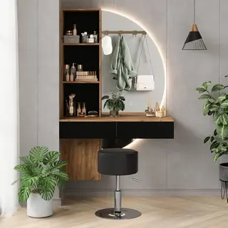 Vicco Kaptafel "Melora", Eiken/zwart, 100 Cm Met Led-spiegel En Kruk