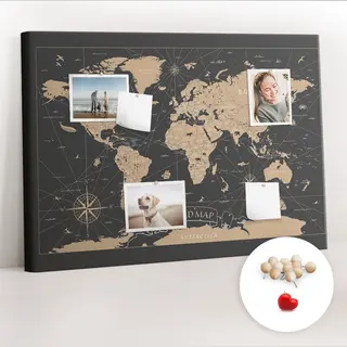 Tulup Prikbord - Vintage Wereldkaart Memobord Van Kurk - 100 Cm X 70 Cm - Grijs Prikbord - Houten Pinnen - Kurk Prikbord - Kurkbord Voor Kantoor -