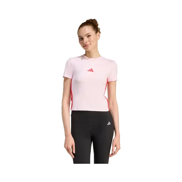 Adidas Women's Essentials 3 Stripes Slim Baby T-Shirt, Clear Pink/Pure Ruby, S thumbnail