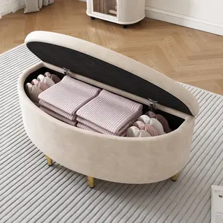 Okwish Opbergbank Met Zitkussen - Fluwelen Zitting Met Opbergruimte - Voor Hal Woonkamer Slaapkamer - Beige - 90×40×42 Cm