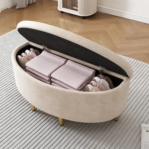 Okwish Opbergbank Met Zitkussen - Fluwelen Zitting Met Opbergruimte - Voor Hal Woonkamer Slaapkamer - Beige - 90×40×42 Cm thumbnail