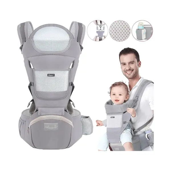 Okwish Draagzakken - Hip‑Seat Draagzak Voor Neugeborene En Kleinkinder, Ergonomische Babytrage Met Opbergvak, Lichtgewicht Heupdrager, Katoen, Grijs thumbnail