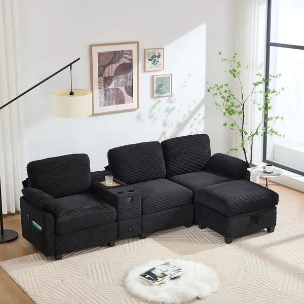 Hauss Spole Sofa - Memory Comfort Bank - Met Verschuifbare Middenconsole & Opbergpoef - 266x136x82 Cm / 3-Zits - Voor Woonkamer En Familie - Corduroy thumbnail