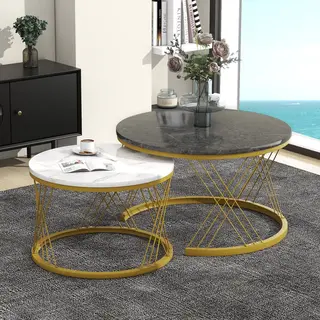 Hauss Spole Salontafel - Nestbare Set Met Hoogglans Marmormotief En Gouden Frame - Ronde Bijzettafels Voor Woonkamer - Mdf - 70x70x45 En 45x45x40 Cm -