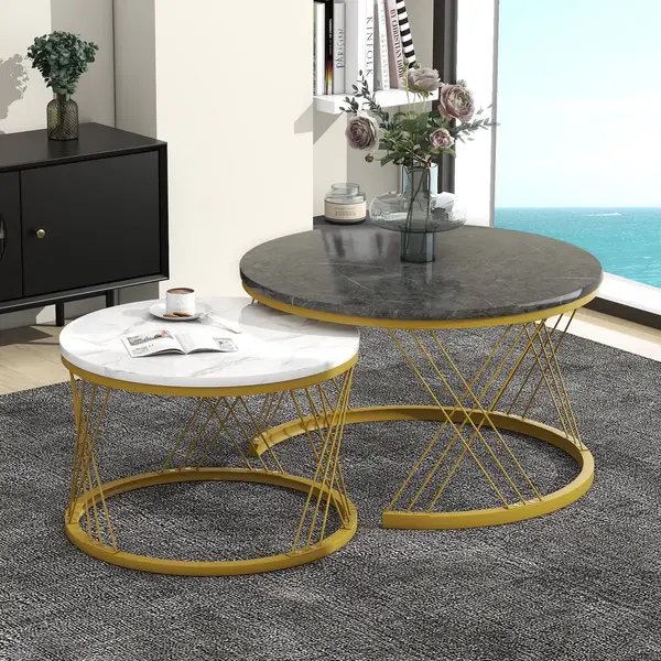 Hauss Spole Salontafel - Nestbare Set Met Hoogglans Marmormotief En Gouden Frame - Ronde Bijzettafels Voor Woonkamer - Mdf - 70x70x45 En 45x45x40 Cm - thumbnail