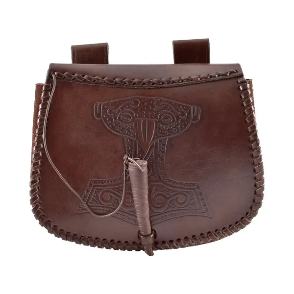 Battle-Merchant Mittelalter Gürteltasche Mit Thorshammer Prägung Aus Leder | Bauchtasche Für Damen Und Herren In Braun | Wikinger Reenactment thumbnail