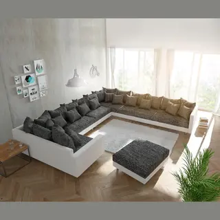 Delife Couch Clovis Xxl Wit Zwart Met Hocker En Armleuning Ottomane Rechts Leven Woonlandschap