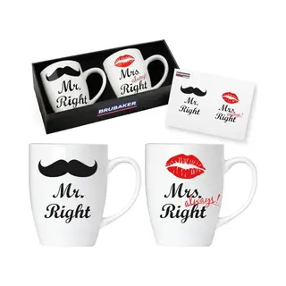 Brubaker Mr. Right & Mrs. Always Right Mokken Set Keramische Koffiekopjes - 2 Koffiemokken 300 Ml Met Wenskaart En Geschenkverpakking