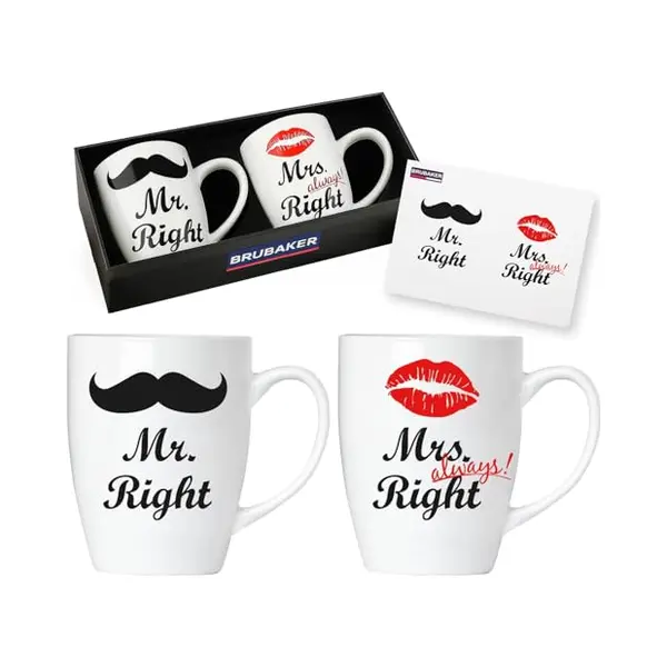 Brubaker Mr. Right & Mrs. Always Right Mokken Set Keramische Koffiekopjes - 2 Koffiemokken 300 Ml Met Wenskaart En Geschenkverpakking thumbnail