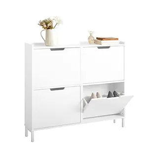 SoBuy Narrow Shoe Rack Shoe Cabinet With 4 Flip Drawers Slim Wooden Storage Cupboard For Hallway Entrance Foyer Or Understairs White W100 X D19 X