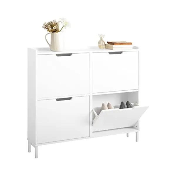 SoBuy Narrow Shoe Rack Shoe Cabinet With 4 Flip Drawers Slim Wooden Storage Cupboard For Hallway Entrance Foyer Or Understairs White W100 X D19 X thumbnail