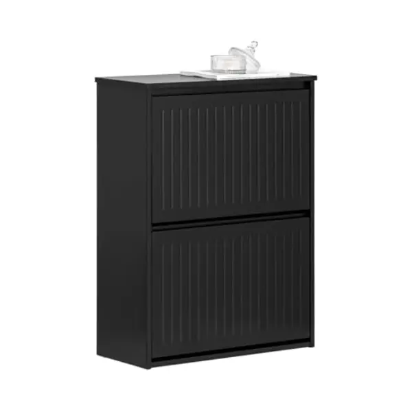 SoBuy Narrow Shoe Storage Cupboard – 2 Flip Drawers & Pull-Out Drawer, Slim Shoe Rack Cabinet For Hallway, Space Saving Design, Black Mdf thumbnail