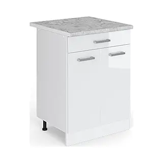 Vicco - Küchenunterschrank R-line, Weiß Hochglanz, 60 Cm Mit Schublade, Ap Marmor