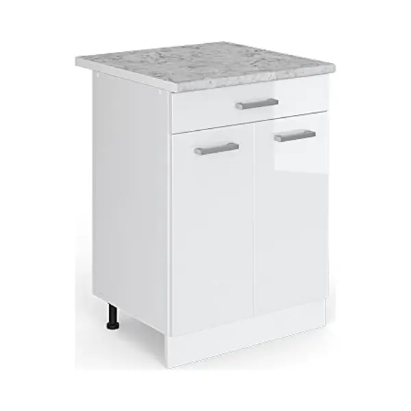 Vicco - Küchenunterschrank R-line, Weiß Hochglanz, 60 Cm Mit Schublade, Ap Marmor thumbnail