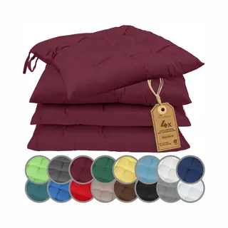 NatureMark 4er Set Stuhlkissen Mit Bändern 40x40 Cm – Gefüllte Sitzkissen, Outdoor & Indoor – Bordeaux Rot