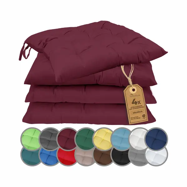 NatureMark 4er Set Stuhlkissen Mit Bändern 40x40 Cm – Gefüllte Sitzkissen, Outdoor & Indoor – Bordeaux Rot thumbnail