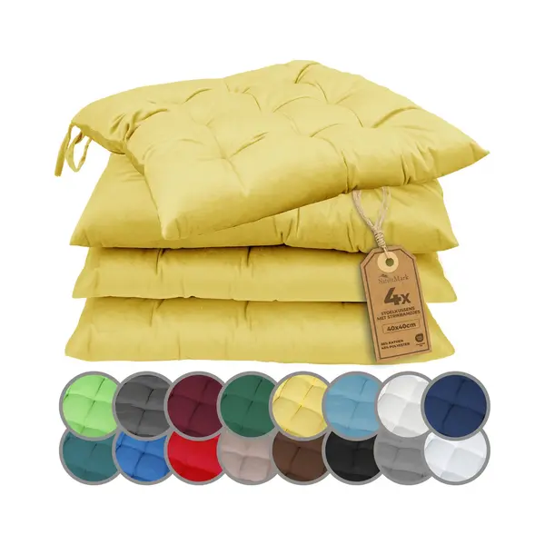 NatureMark Sitzkissen 4er-Set Stuhlkissen 40x40cm Mit Bändern, Sitzpolster Kissen 4er Pack, Schadstoffgeprüft, Gelb thumbnail