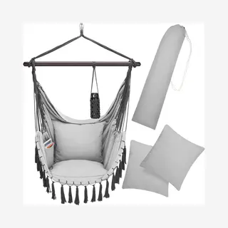 Detex® Hanging Chair Light Grey 170x100x150cm Boho Style With Cushions