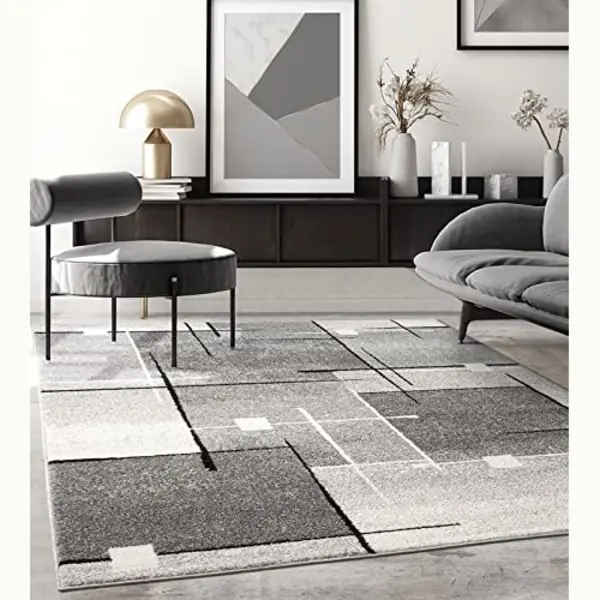 The Carpet Pearl Modern Dense Short Pile Living Room Bedroom Carpet, Contour Cut, Geometric Pattern, Chequered, Grey, 80 X 140 Cm thumbnail