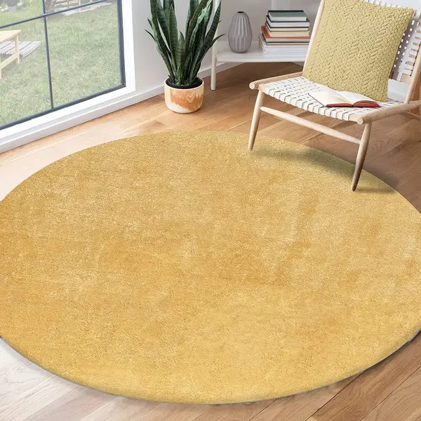 The Carpet Relax Rug, Modern, Fluffy, Short Pile, Non-Slip Underside, Washable Up To 30°C, Super-Soft, Fur Look, Gold, 120 X 120 Cm, Round thumbnail