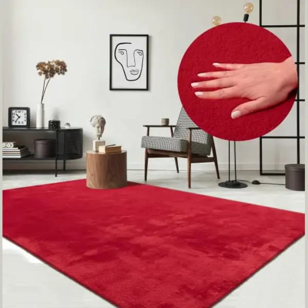 The Carpet Relax Moderner Flauschiger Kurzflor Teppich, Anti-Rutsch Unterseite, Waschbar Bis 30 Grad, Super Soft, Felloptik, Rot, 60 X 110 Cm thumbnail