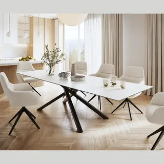 Delife Esstisch Edge 300x100cm Keramik Laminam® Statuarietto Weiß Mittelfuß Kreuz Schwarz