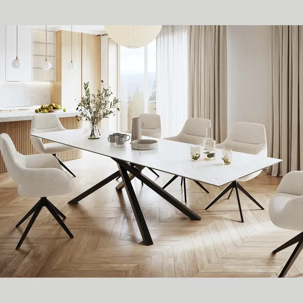 Delife Esstisch Edge 300x100cm Keramik Laminam® Statuarietto Weiß Mittelfuß Kreuz Schwarz thumbnail