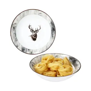 MamboCat Alois 2er Set Servierschalen Ø23cm I 1L I Weiße Hohe Schüssel Aus Porzellan Mit Hirsch-Dekor & Holz-Optik Für Kartoffeln, Knödel,