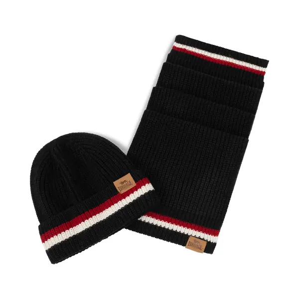 Lonsdale Unisex Schal Und Mütze Set Butleigh, Black/Dark Red/Ecru, One Size, 116005 thumbnail
