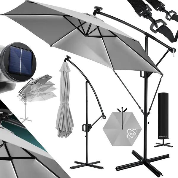 Kesser Ampelschirm ⌀350cm Alu Sonnenschirm Mit Led Solar Inkl. Abdeckung & Fernbedienung, Kurbelschirm Mit Ständer Wasserabweisend, 360° Funktion thumbnail